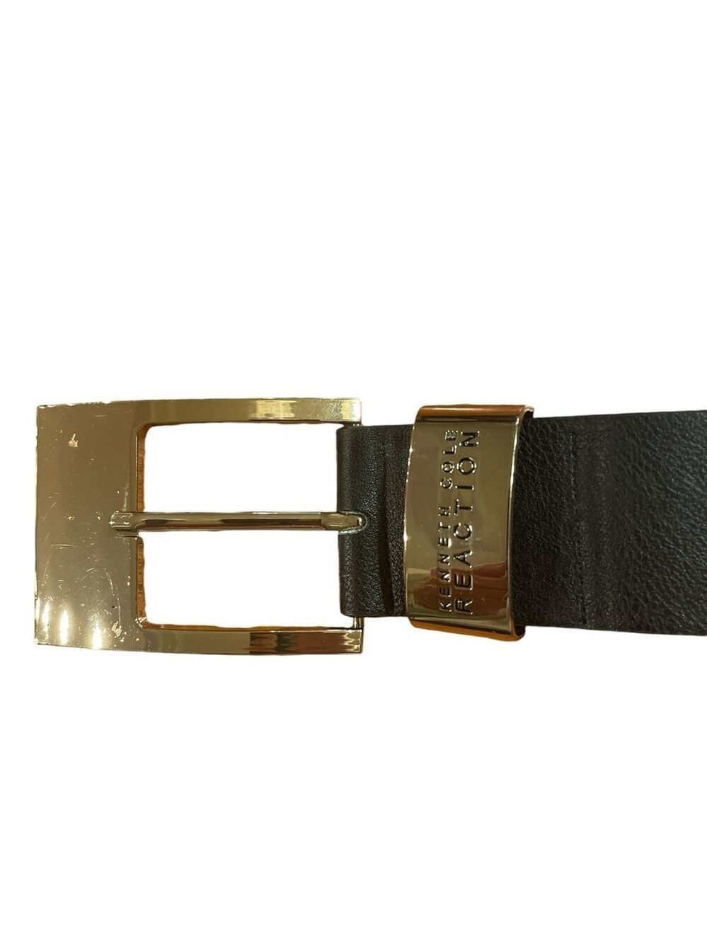 Kenneth Cole Black 1.75” wide belt with gold toned big buckle